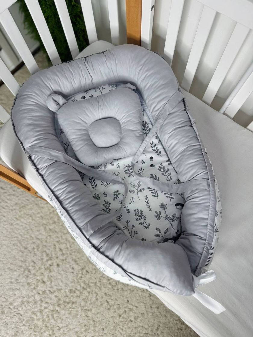 ❤ Кокон-гніздечко з ручками. Принт - Сірі гілочки та квіточки, сірий однотон (#69758043) ✓ Anna Konvert