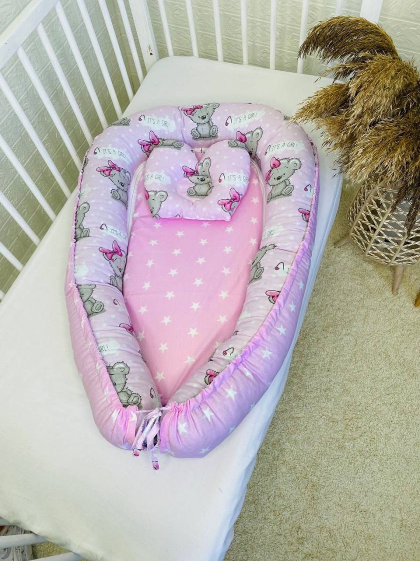 ❤ Кокон-гніздечко з ортопедичною подушкою. Принт - Ведмедик Тедді з зірками на рожевому (#92545987) ✓ Anna Konvert