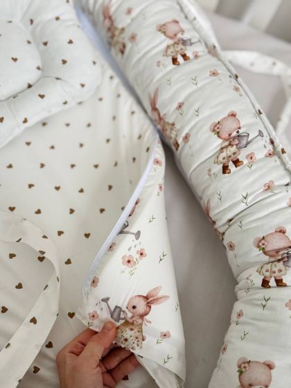 ❤ Кокон-гніздечко з ручками. Принт - Зайчик та ведмедик, сердця дрібні беж (#41741736) ✓ Anna Konvert 2