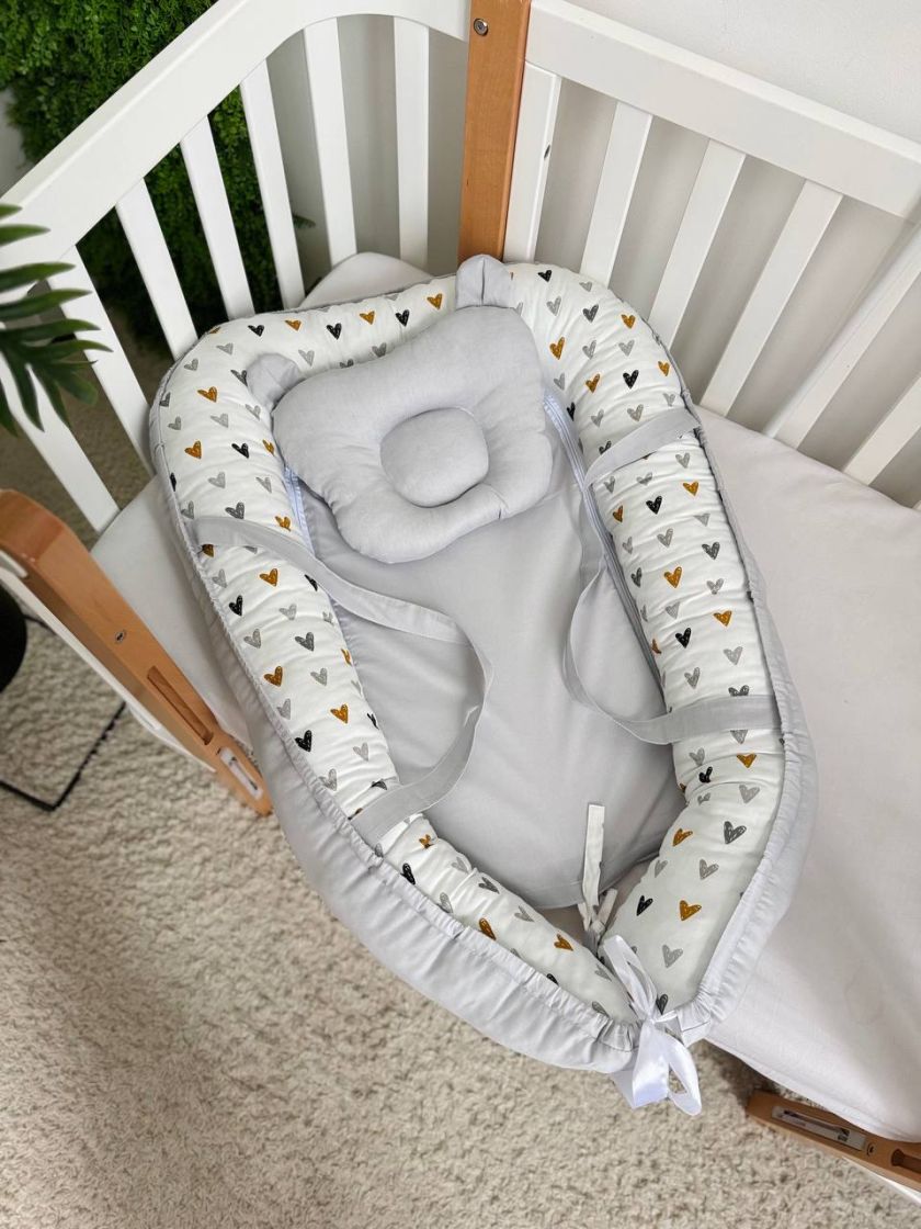 ❤ Кокон-гніздечко з ручками. Принт - Серця акварельні, сірий однотон (#3202907) ✓ Anna Konvert