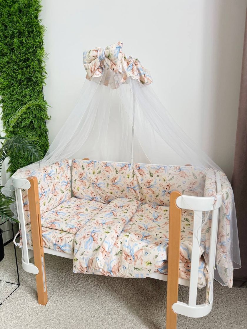 ❤ Набір у ліжко 9в1 суцільні. Принт - Зайченя з блакитним бантом на бежевому (#31678888) ✓ Anna Konvert