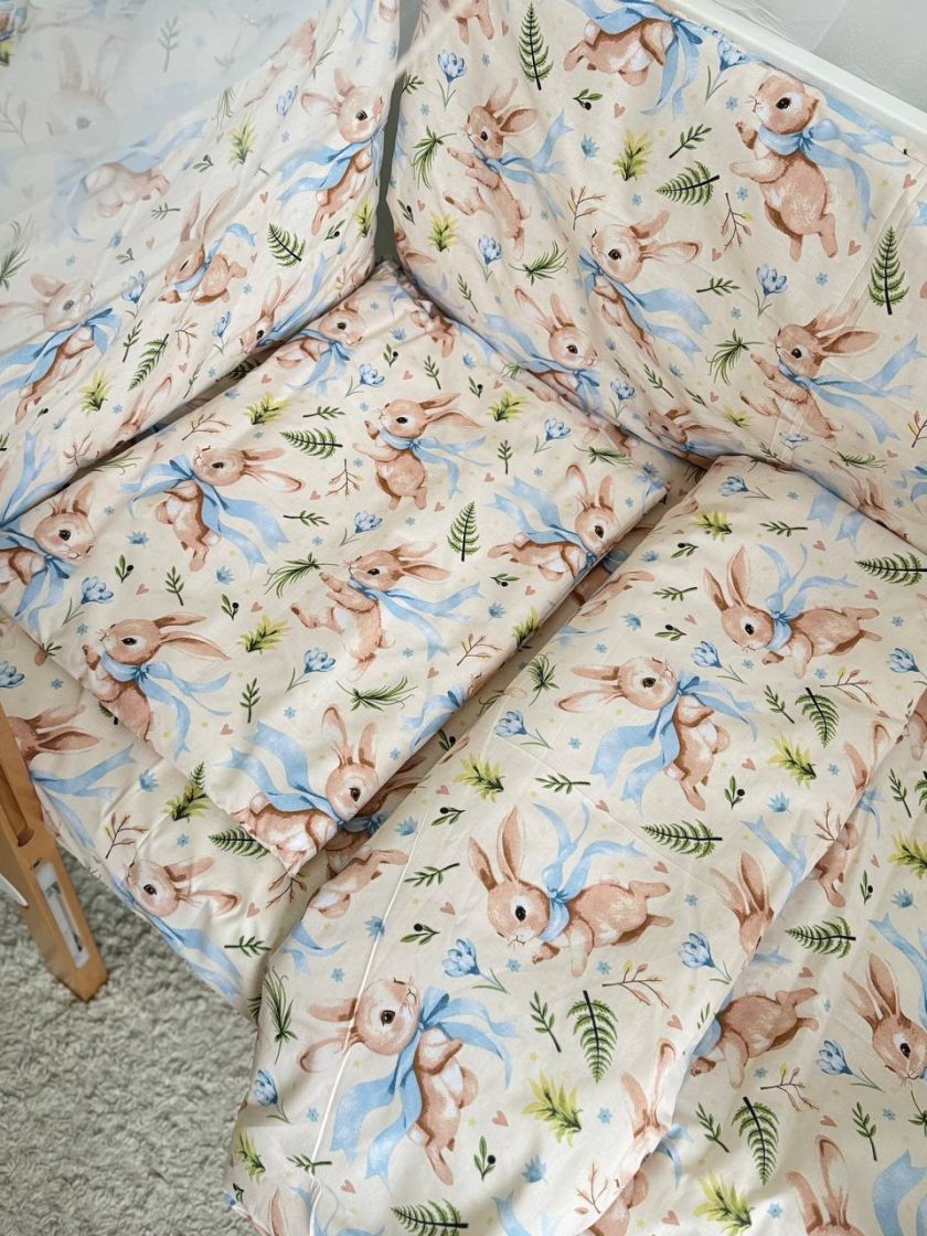 ❤ Набір у ліжко 9в1 суцільні. Принт - Зайченя з блакитним бантом на бежевому (#31678888) ✓ Anna Konvert