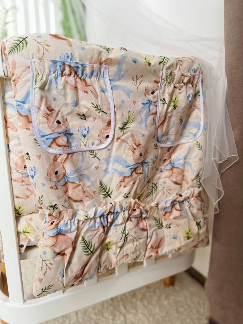 ❤ Набір у ліжко 9в1 суцільні. Принт - Зайченя з блакитним бантом на бежевому (#31678888) ✓ Anna Konvert