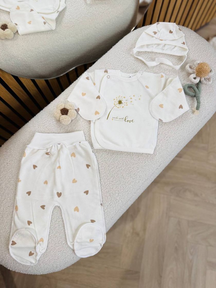 ❤ Комплект 3ка з сорочкою, байка 56-62см. Принт - Кульбаба, серця різні беж (#7525657) ✓ Anna Konvert