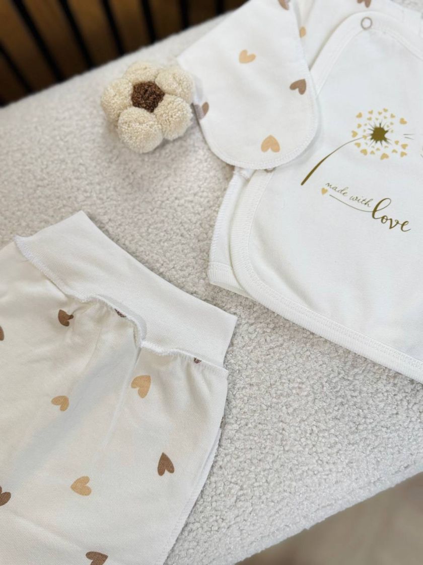 ❤ Комплект 3ка з сорочкою, байка 56-62см. Принт - Кульбаба, серця різні беж (#7525657) ✓ Anna Konvert