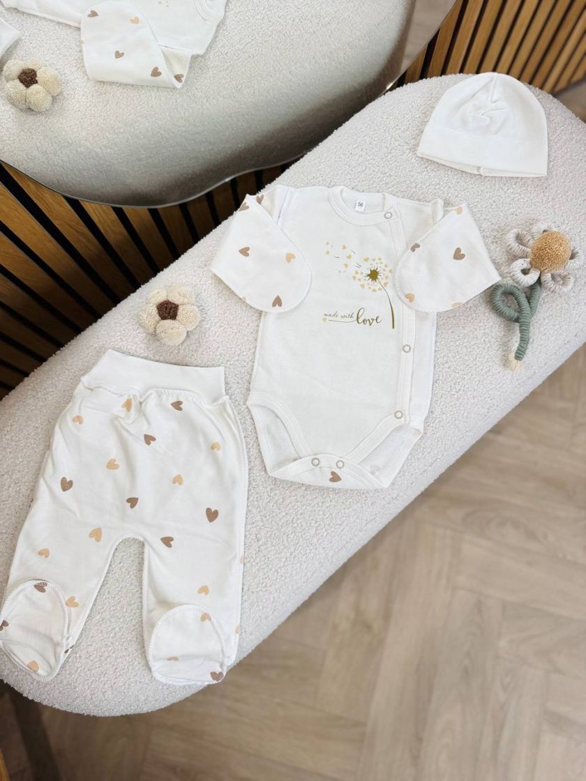 ❤ Комплект 3ка з боді, байка 56р. Принт - Кульбаба, серця різні беж (#56890487) ✓ Anna Konvert