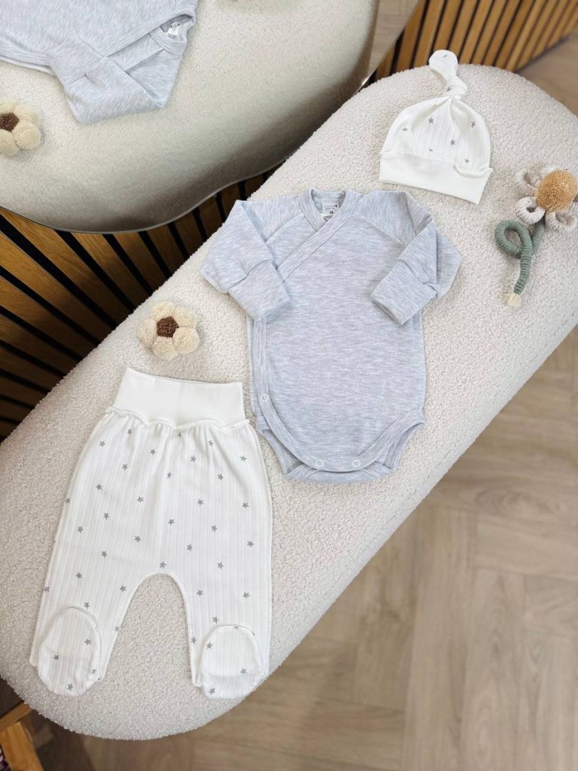 ❤ Комплект 3ка з боді інтерлок 56, Бджілка. Принт - Сірий однотон, сірі зірки на молочному (#28100279) ✓ Anna Konvert