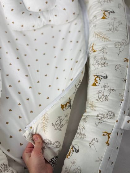 ❤ Кокон-гніздечко з ручками. Принт - Зайчик з грибочком, серця беж дрібні (#4623090) ✓ Anna Konvert 2