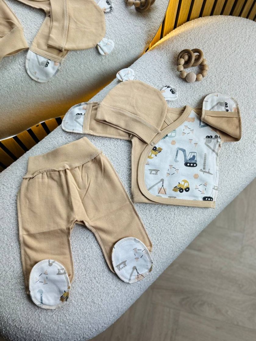 ❤ Комплект 3ка з сорочкою байка, БО. Принт - Транспорт на бежевому. Розмір - 56см (#5570009) ✓ Anna Konvert