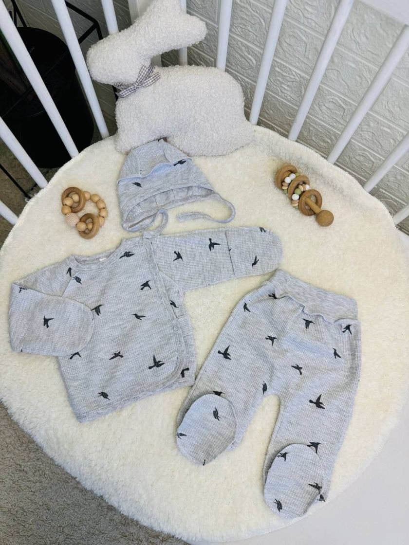 ❤ Комплект 3ка з сорочкою інтерлок 56см. Принт - Пташки сірі вафелька (#241581) ✓ Anna Konvert