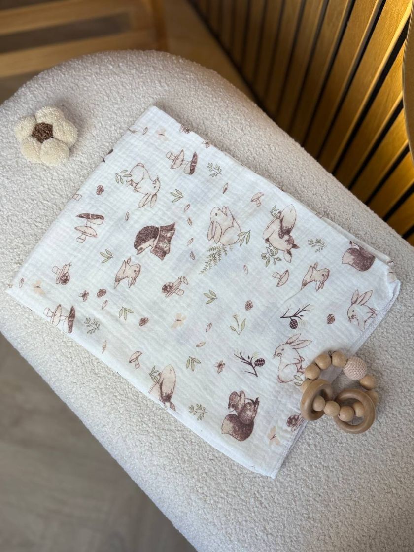 ❤ Пелюшки муслінові чотирьохшарові, жатка 70*100. Принт - Звірі у лісі на молочному (#45230140) ✓ Anna Konvert