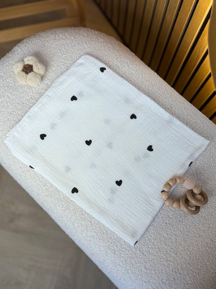 ❤ Пелюшки муслінові чотирьохшарові, жатка 70*100. Принт - Сердечка чорні (#60987665) ✓ Anna Konvert