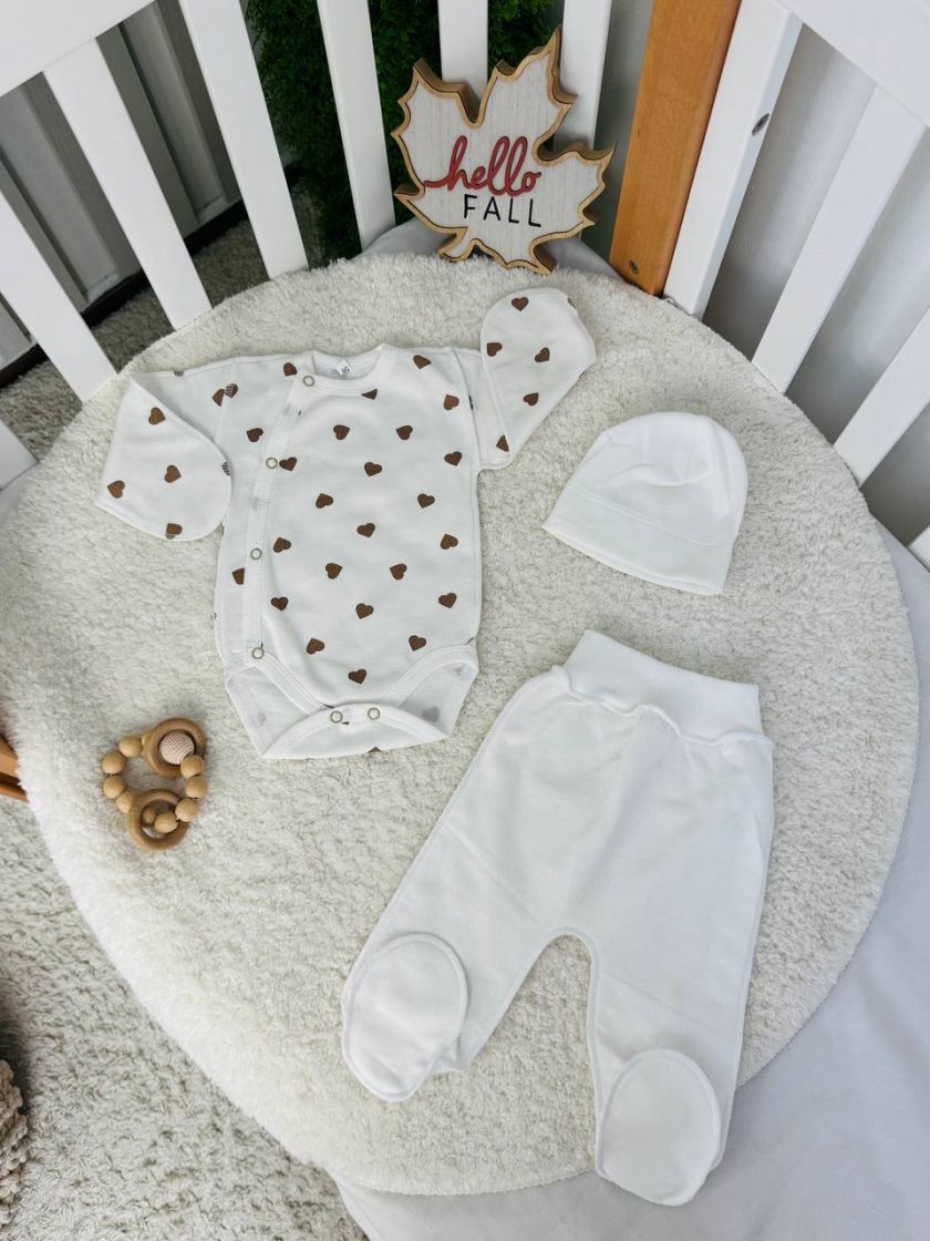 ❤ Комплект 3ка з боді інтерлок, 56р. Принт - Серця великі бежеві (#67754293) ✓ Anna Konvert