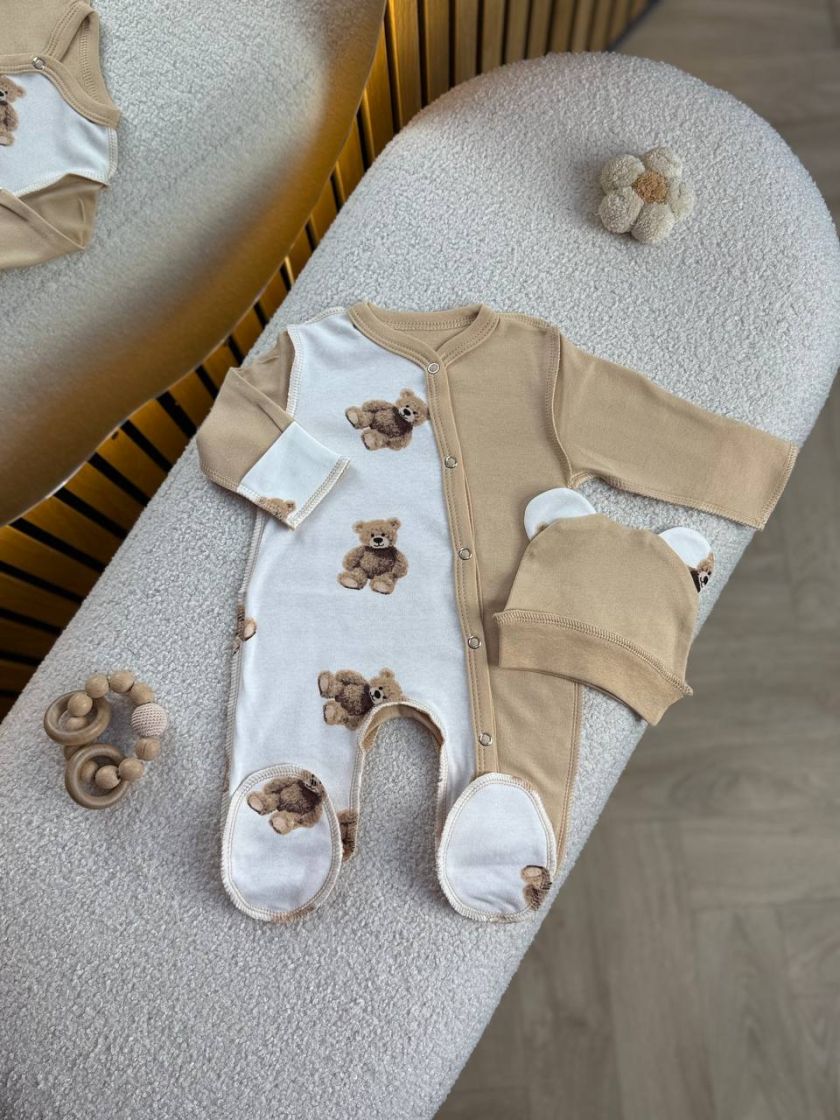 ❤ Чоловічок з шапочкою інтерлок, БО. Принт - Ведмеді, на бежевому. Розмір - 62 (#32873660) ✓ Anna Konvert