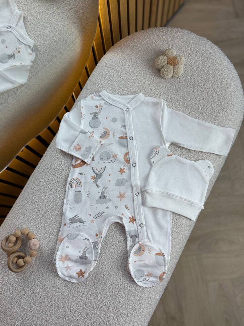 ❤ Чоловічок з шапочкою інтерлок, БО. Принт - Космос, на молочному. Розмір - 56 (#9002520) ✓ Anna Konvert