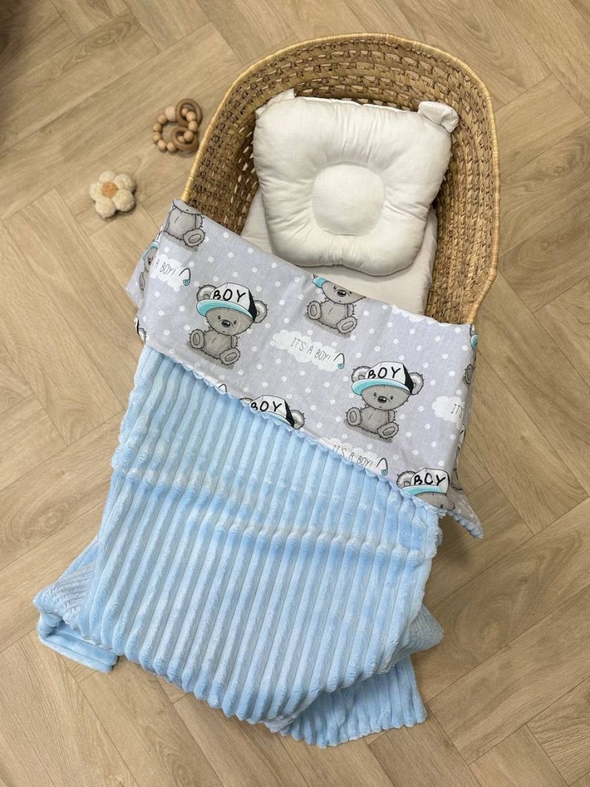 ❤ Плед в пологовий, мінкі плюш, без утеплювача, 100см на 80см. Колір, принт - Плюш смужка блакитний, ведмедик сірий (#33111733) 