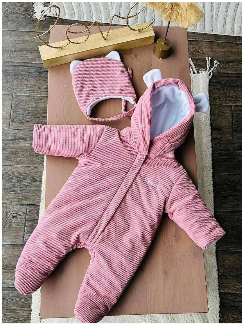 ❤ Демісезонний комбінезон з шапочкою, Вельвет на флісі, 0-4 міс. Колір - Рожевий (#60385630) ✓ Anna Konvert
