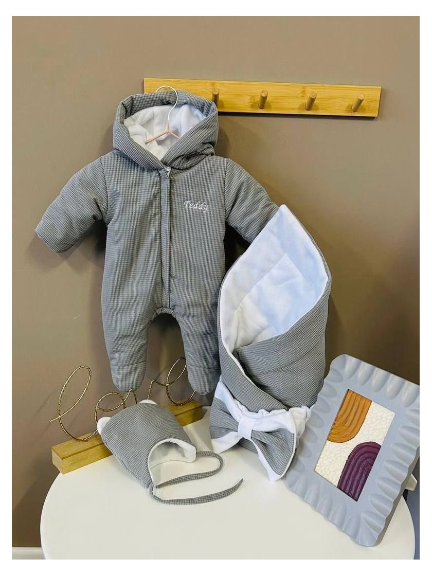 ❤ Демісезонний комбінезон з шапочкою, Вельвет на флісі, 0-4 міс. Колір - Сірий (#660180) ✓ Anna Konvert