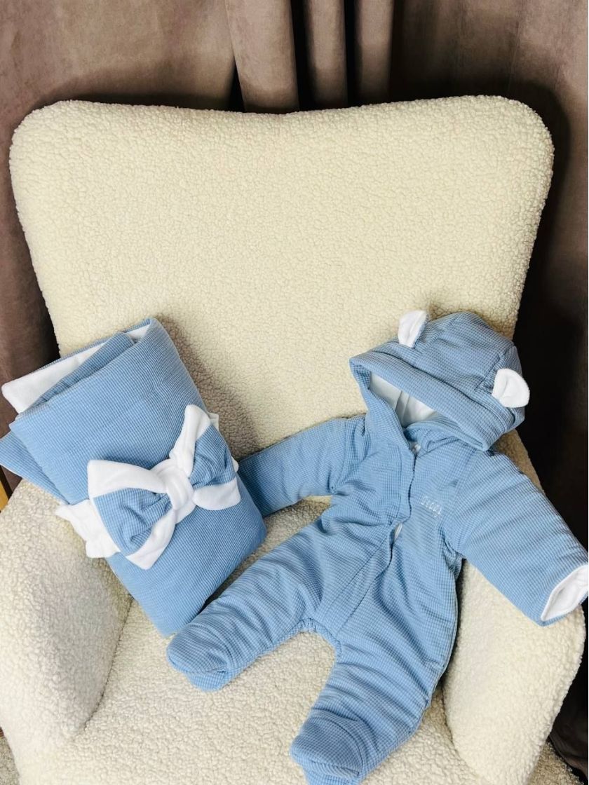 ❤ Демісезонний комбінезон з шапочкою, Вельвет на флісі, 0-4 міс. Колір - Блакитний (#21947140) ✓ Anna Konvert