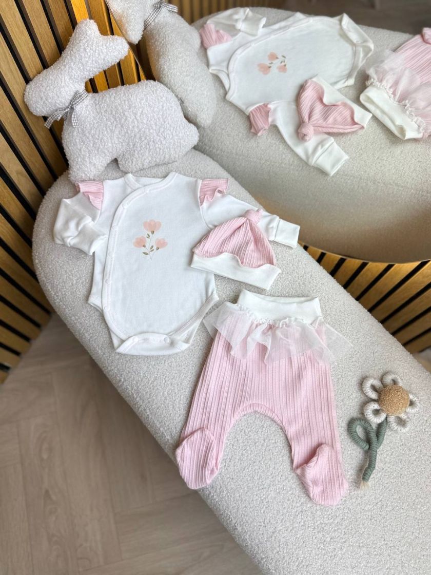 ❤ Комплект 3ка з боді та спідницею, інтерлок "Smile". Принт - Рожевий ажур. Розмір - 56 (#78840080) ✓ Anna Konvert