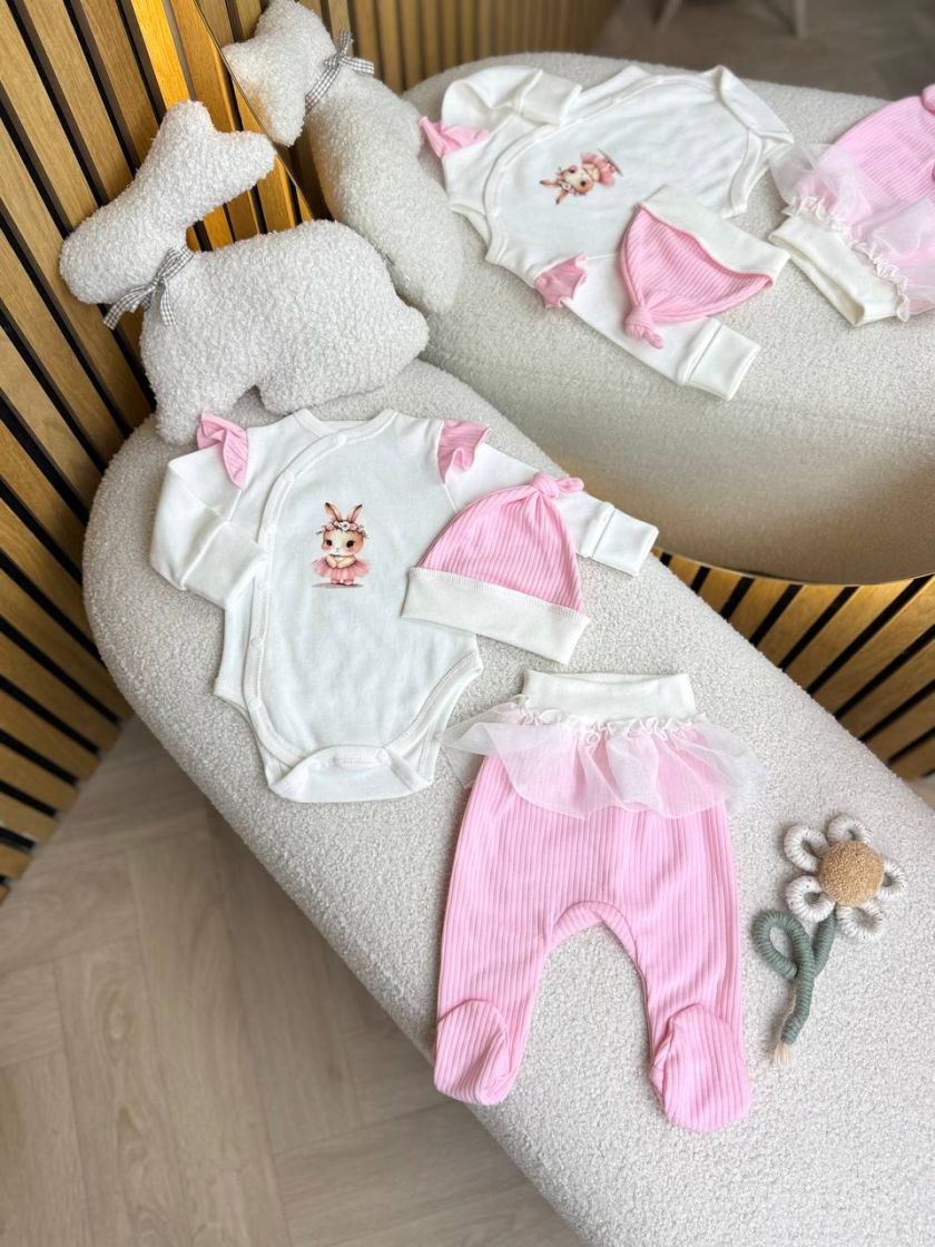 ❤ Комплект 3ка з боді та спідницею, інтерлок "Smile". Принт - Рожевий з зайчиком. Розмір - 56 (#11569507) ✓ Anna Konvert