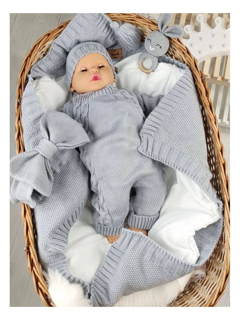 ❤ Чоловічок вʼязка на підкладці з шапочкою, 0-3 міс. Колір - Сірий. Тип - Двобортний (#56477262) ✓ Anna Konvert