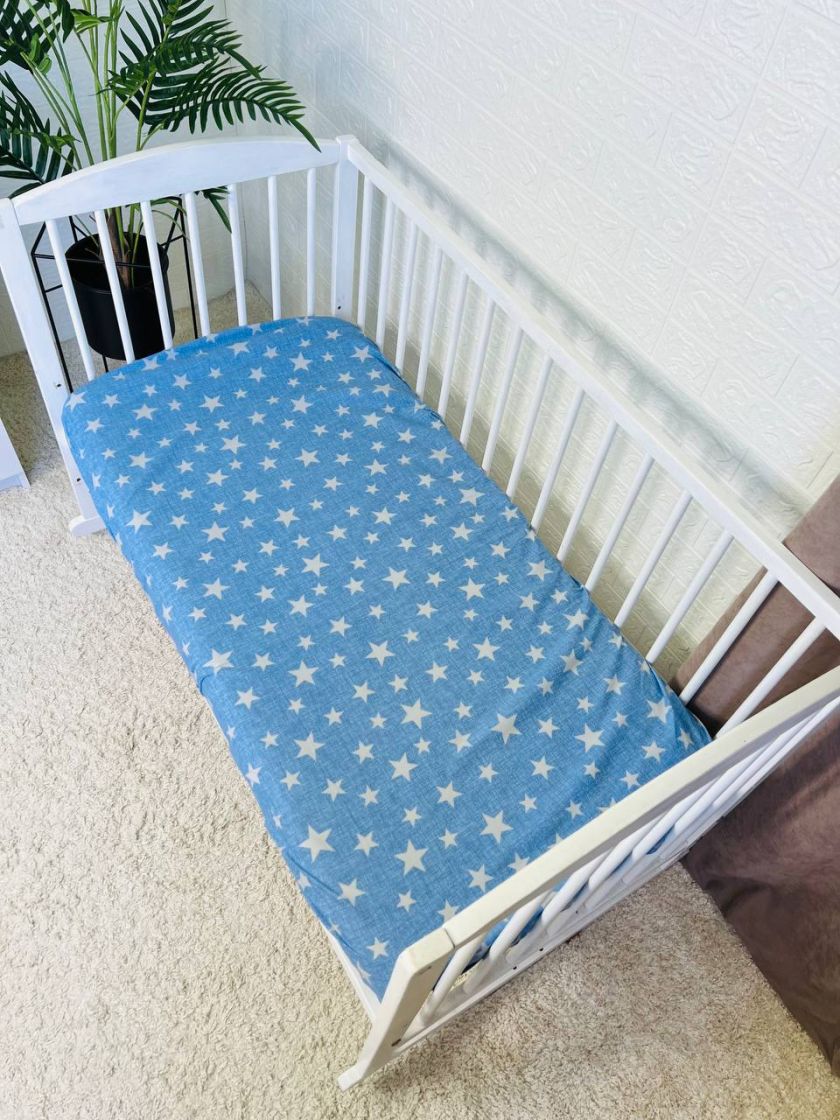 ❤ Простирадло у ліжко бавовняне, на матрац 120 на 60см. Принт - Сірі зірки на блакитному (#62325448) ✓ Anna Konvert