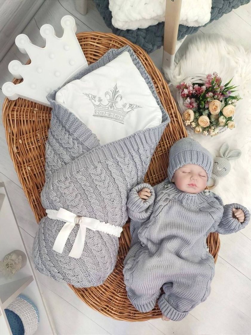 ❤ Чоловічок вʼязка на підкладці з шапочкою, 0-3 міс. Колір - Сірий. Тип - Двобортний (#56477262) ✓ Anna Konvert