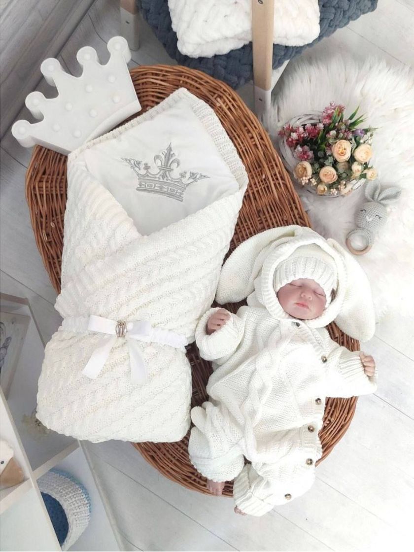 ❤ Чоловічок вʼязка на підкладці з шапочкою, 0-3 міс. Колір - Молочний. Тип - Зайчик (#541854) ✓ Anna Konvert