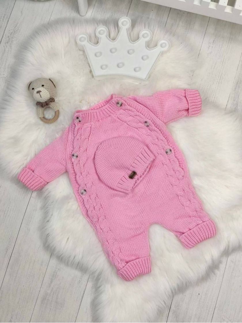 ❤ Чоловічок вʼязка на підкладці з шапочкою, 0-3 міс. Колір - Рожевий. Тип - Двобортний (#75386364) ✓ Anna Konvert