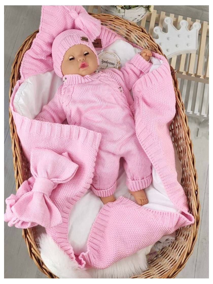 ❤ Чоловічок вʼязка на підкладці з шапочкою, 0-3 міс. Колір - Рожевий. Тип - Двобортний (#75386364) ✓ Anna Konvert