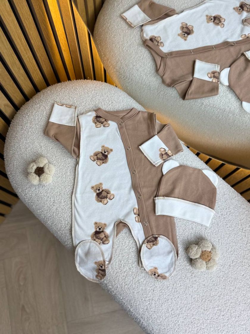 ❤ Чоловічок з шапочкою інтерлок, БО. Принт - Ведмеді, на шоколадному. Розмір - 56 (#94371369) ✓ Anna Konvert