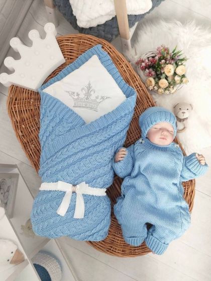 ❤ Чоловічок вʼязка на підкладці з шапочкою, 0-3 міс. Колір - Блакитний. Тип - Двобортний (#42779119) ✓ Anna Konvert