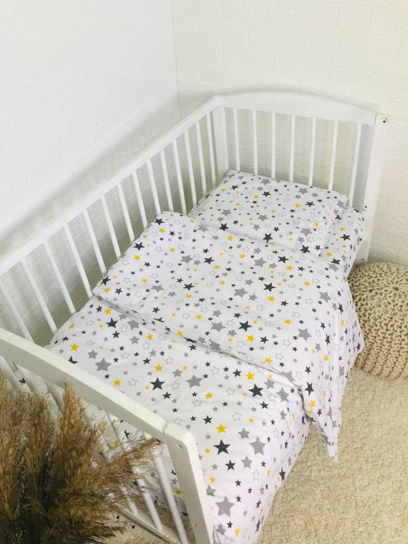 ❤ Змінна дитяча постіль, 110 см на 140 см. Принт - Зірки різні з жовтим на білому (#8570056) ✓ Anna Konvert