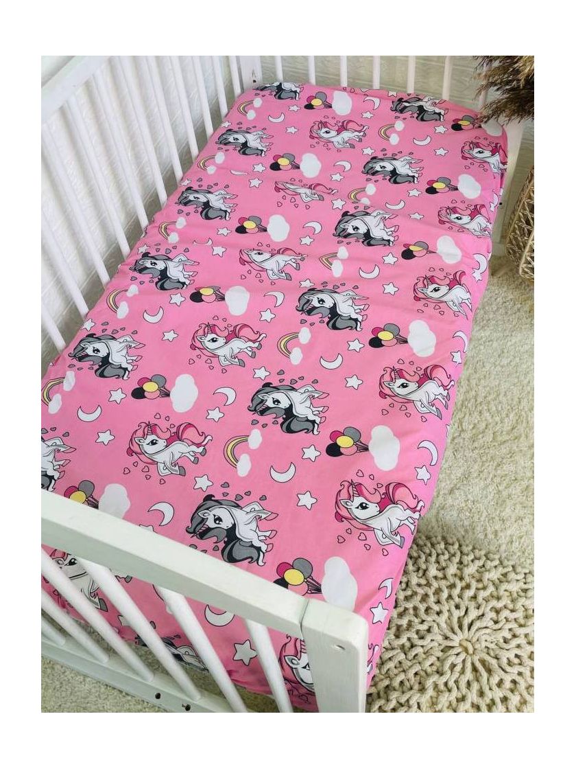 ❤ Простирадло у ліжко, бавовняне 120х60. Принт - Єдиноріг з кульками на рожевому (#80210520) ✓ Anna Konvert