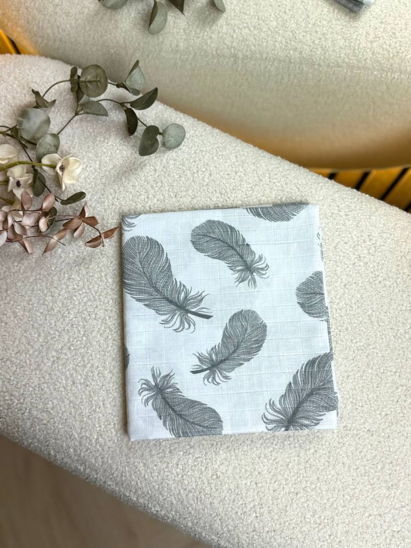 ❤ Пелюшки муслінові двошарові. Принт - Пір'я сірі на білому (#71691055) ✓ Anna Konvert