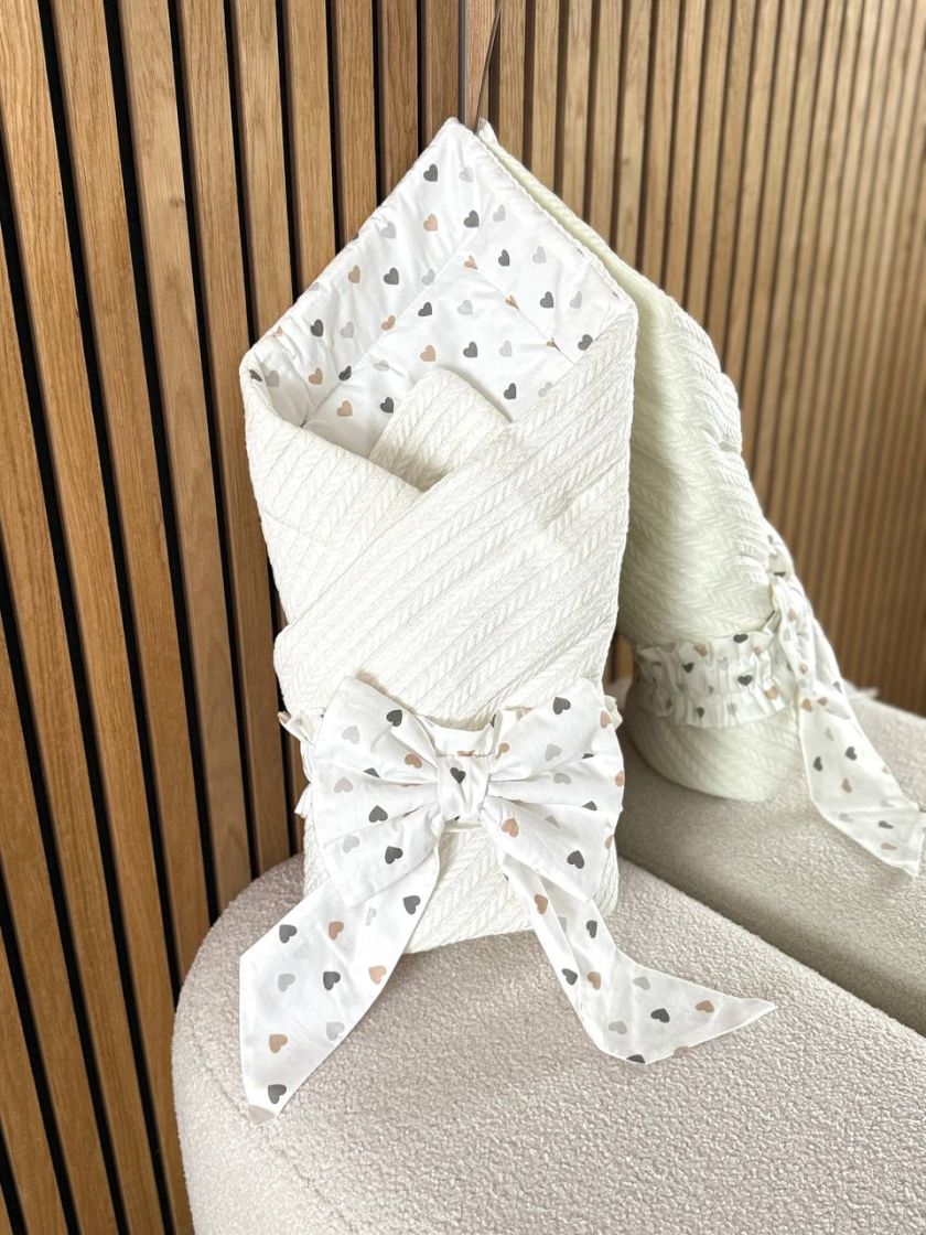 ❤ Демісезонний конверт плед на виписку, Плетіння, 80*80см. Колір - Білий з різними сердечками беж (#20006932) ✓ Anna Konvert