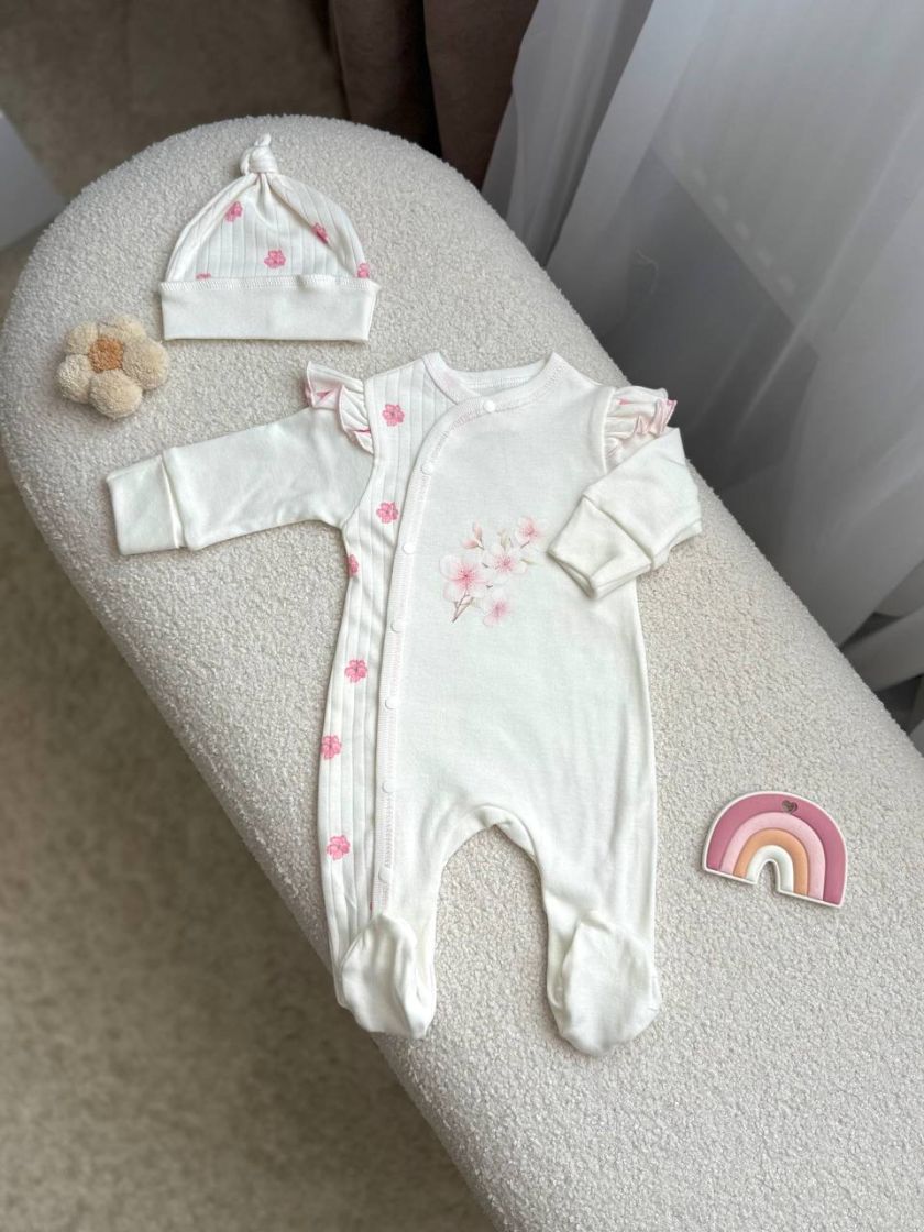 ❤ Чоловічок з рюшами та шапочкою, інтерлок, Smile. Принт - Квітки сакури. Розмір - 62 (#51742599) ✓ Anna Konvert