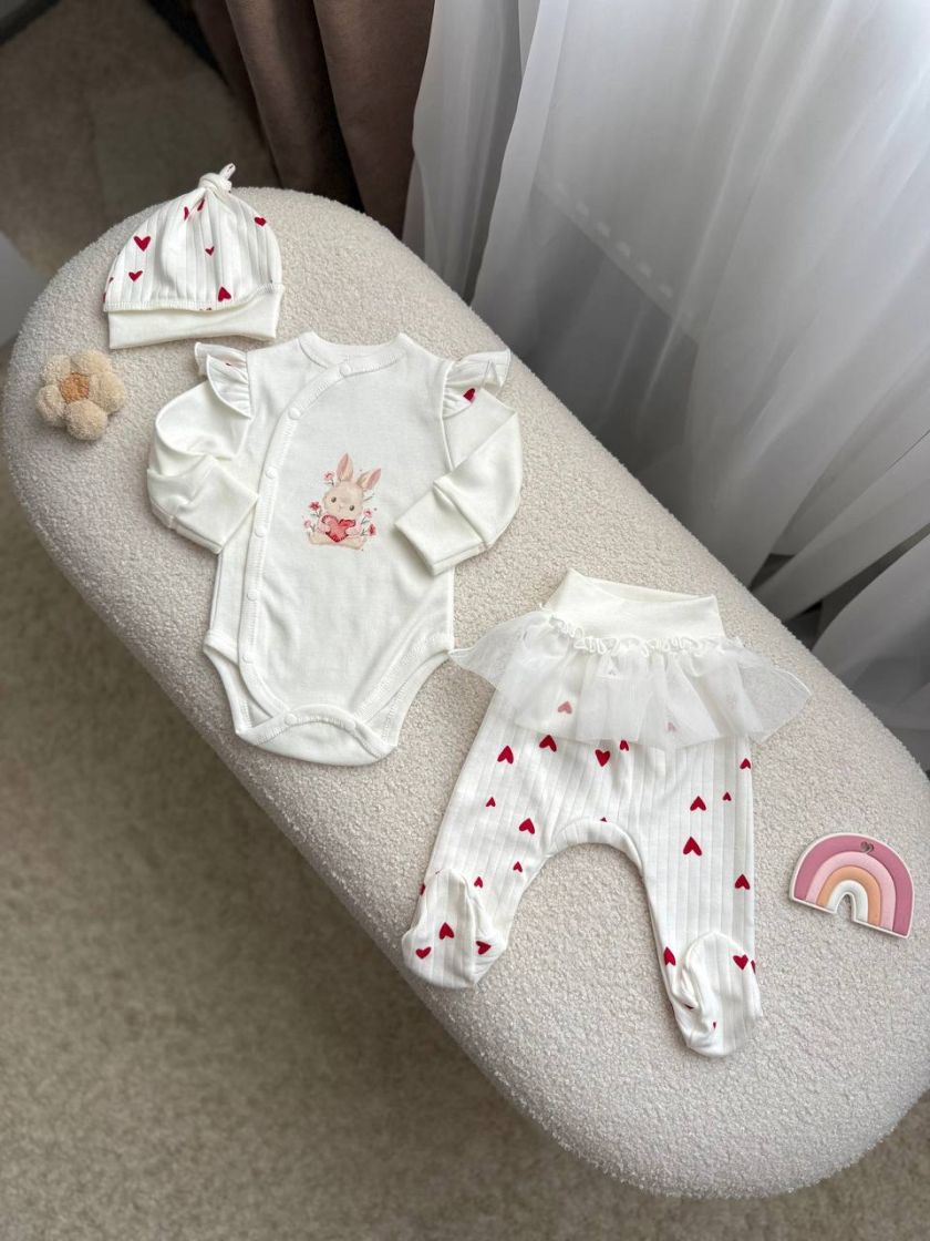 ❤ Комплект 3ка з боді та спідницею, інтерлок "Smile". Принт - Зайчик із сердечком. Розмір - 62 (#20975891) ✓ Anna Konvert