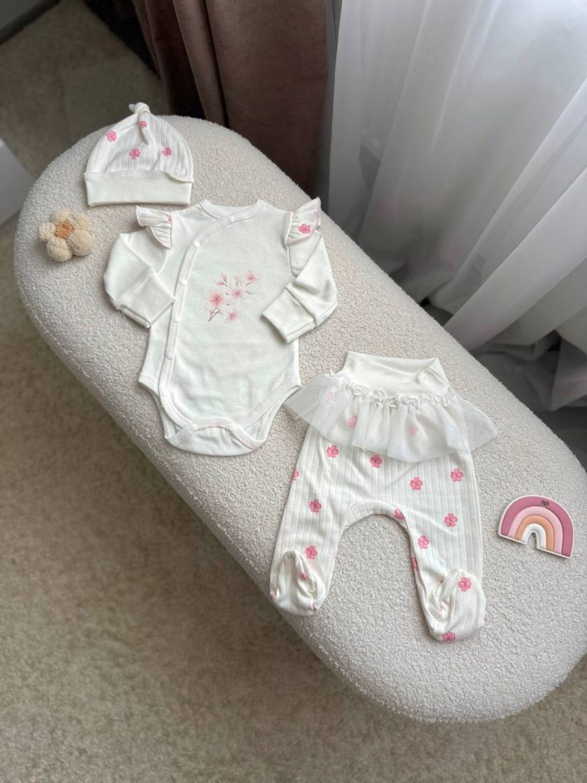 ❤ Комплект 3ка з боді та спідницею, інтерлок "Smile". Принт - Квітки сакури. Розмір - 62 (#11698019) ✓ Anna Konvert