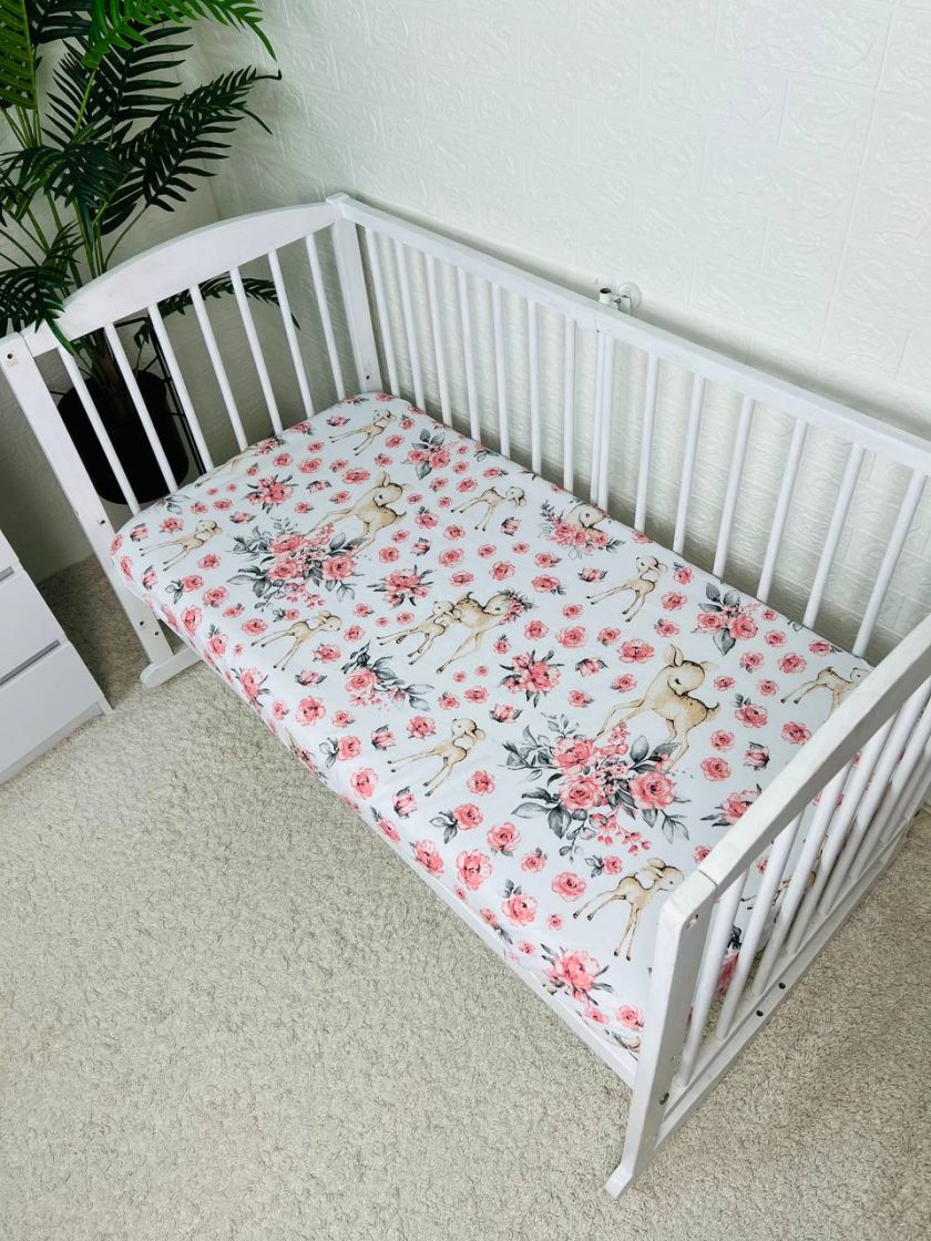❤ Простирадло у ліжко, бавовняне 120х60. Принт - Олені бембі з трояндами (#85060117) ✓ Anna Konvert