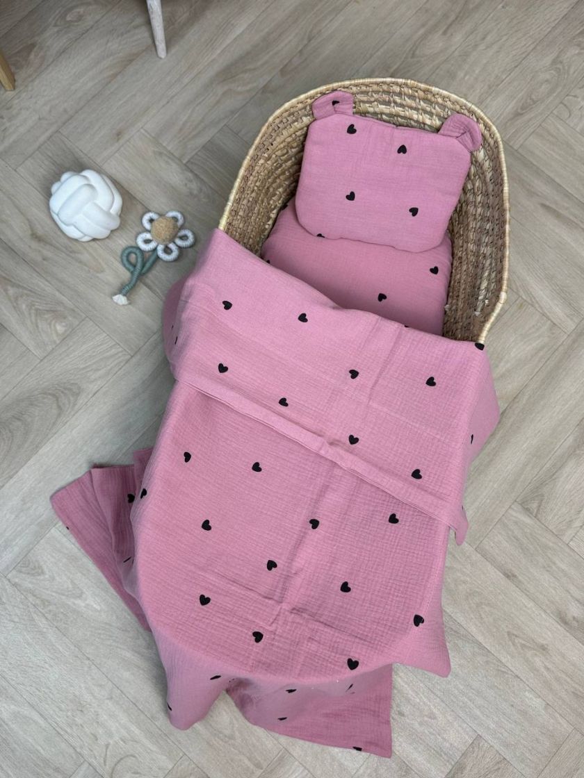 ❤ Набір у візочок мусліновий. Колір - Серця дрібні чорні на малиновому (#85826822) ✓ Anna Konvert
