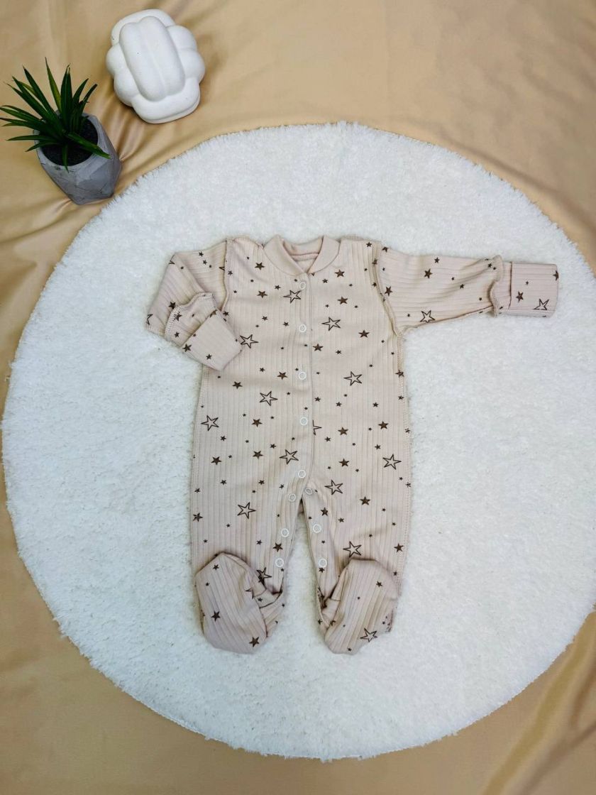 ❤ Чоловічок інтерлок в рубчик, Ромашка. Принт - Бежеві зірки на бежевому. Розмір - 56-62см (#64925614) ✓ Anna Konvert