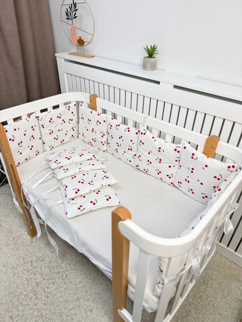 ❤ Бортики-подушки на 4 боки ліжечка, 12 подушок. Принт - Вишеньки (#491752) ✓ Anna Konvert