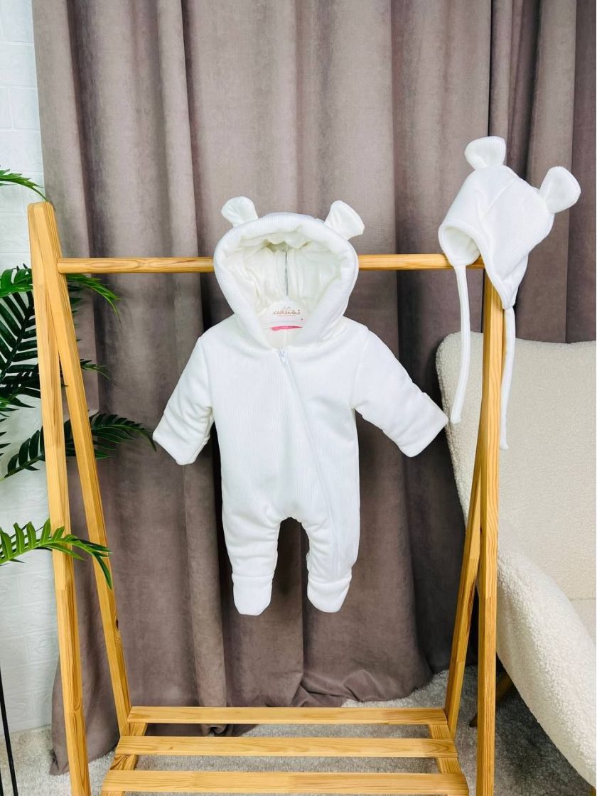 ❤ Демісезонний комбінезон з шапочкою, велюровий в смужку, 0-4 міс. Колір - Білий (#87486360) ✓ Anna Konvert