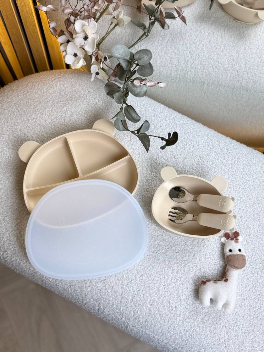 ❤ Силіконовий набір дитячого посуду “Ведмеді” з кришкою та металевими приборами. колір - Ivory (#2735437) ✓ Anna Konvert