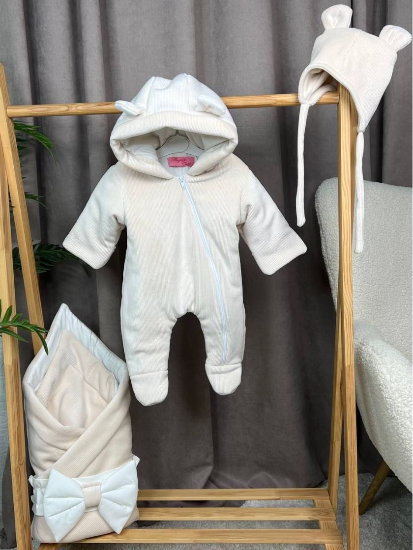 ❤ Демісезонний комбінезон з шапочкою, велюровий в смужку, 0-4 міс. Колір - Молочний (#23531606) ✓ Anna Konvert