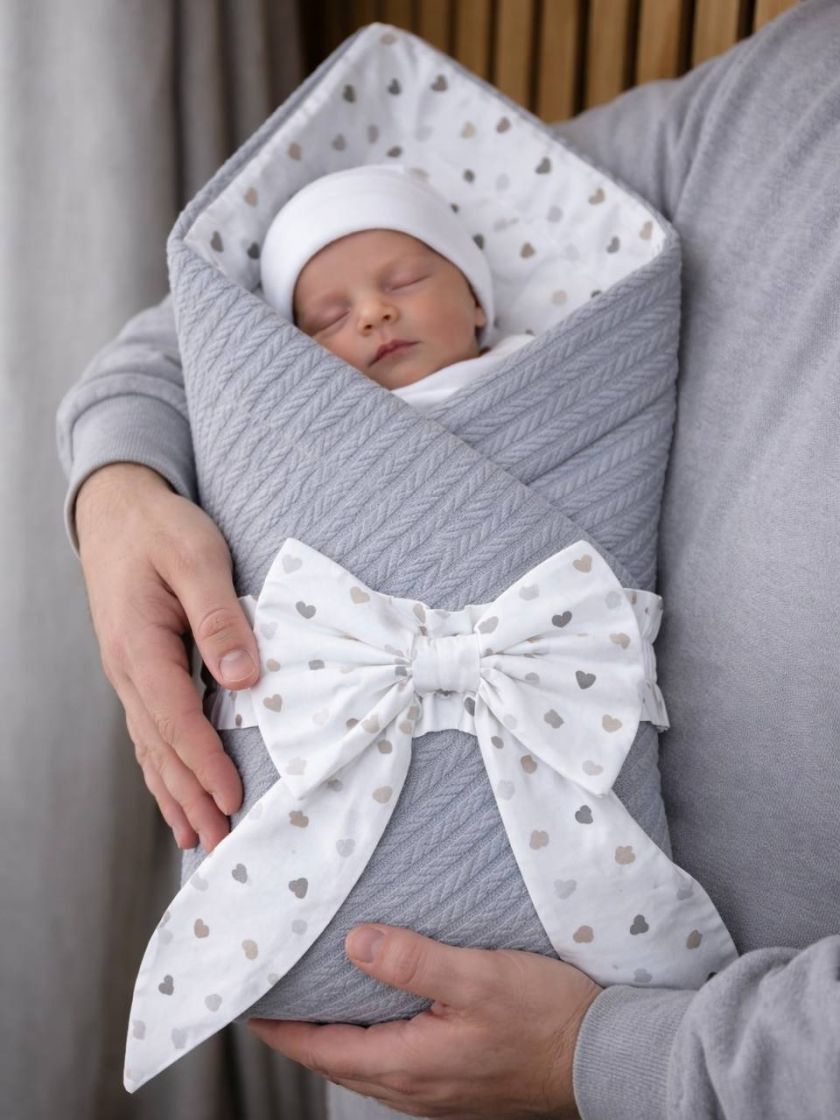 ❤ Демісезонний конверт плед на виписку, Плетіння, 80*80см. Колір - Сірий з різними сердечками беж (#80666359) ✓ Anna Konvert