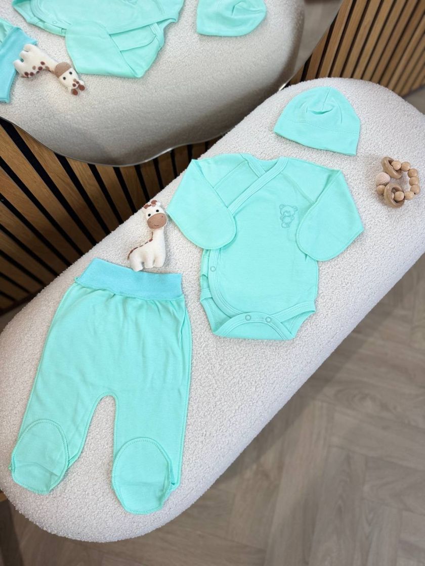 ❤ Комплект 3ка з боді інтерлок, 56р. Принт - Вишитий ведмедик, зелений однотон (#40868209) ✓ Anna Konvert