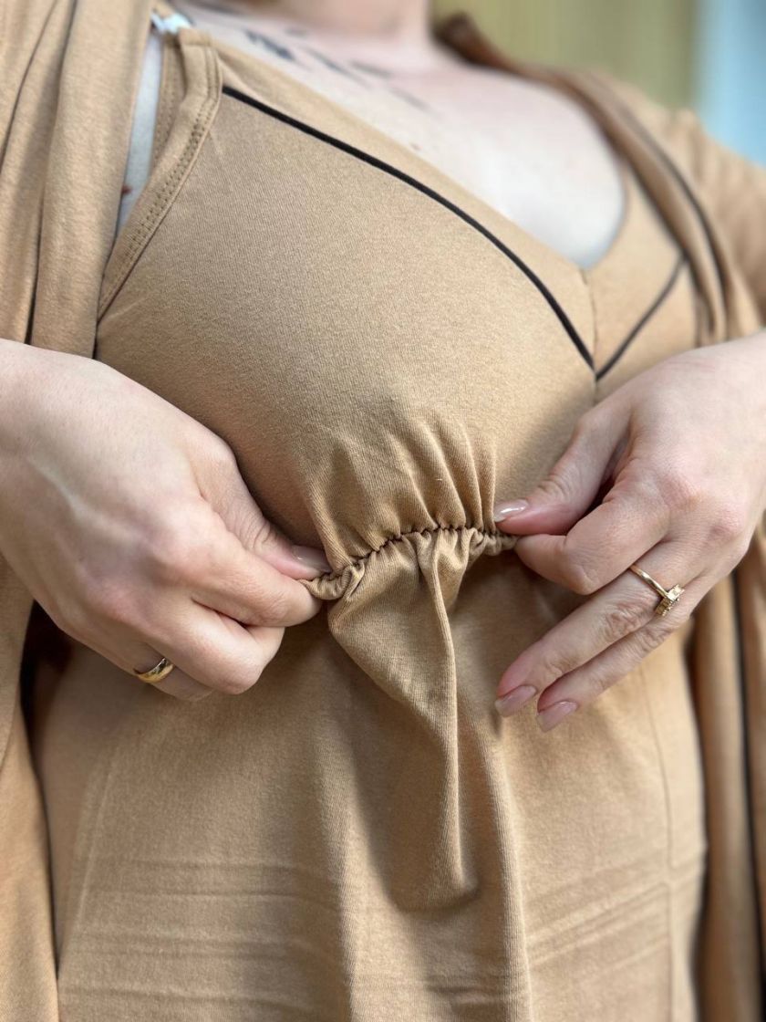 ❤ Комплект сорочка та халат для годування, 52-54 "Кант". Колір - Пісочний з шоколадним кантом (#11932282) ✓ Anna Konvert